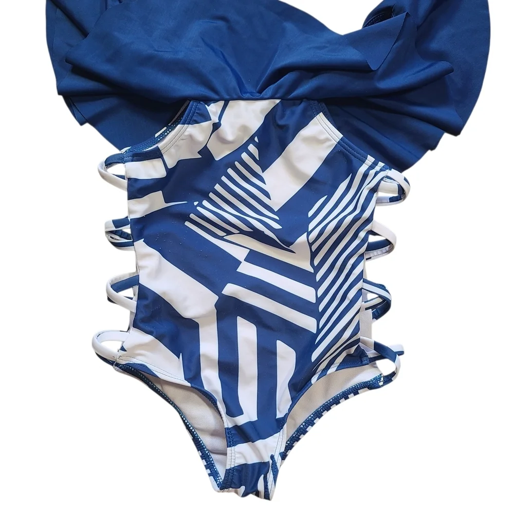 PatPat Girls 3-4Y Blue Geometric One-Shoulder Ruffle Swimsuit Cutout